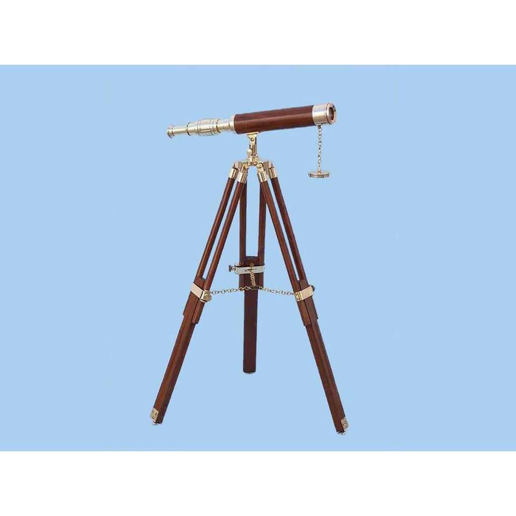 Hampton Nautical Brass Telescope w/ Wooden Tripod Stand