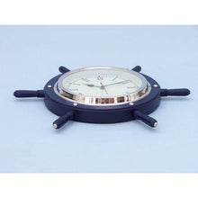 Handcrafted Model Ships Dark Blue Wood And Chrome Ship Wheel Clock 15" SW-1753-CH-Blue