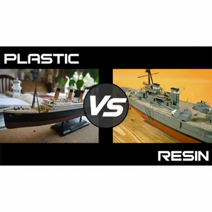 Comparison of plastic and resin model kits, showing a partially assembled plastic kit on the left and a detailed resin kit on the right, highlighting differences in texture, color, and detail for hobby modeling enthusiasts.