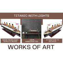 Model of the Titanic with lights, made from high-quality wood, handcrafted, and detailed.