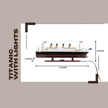 Model of the Titanic with lights and dimensions on a beige background
