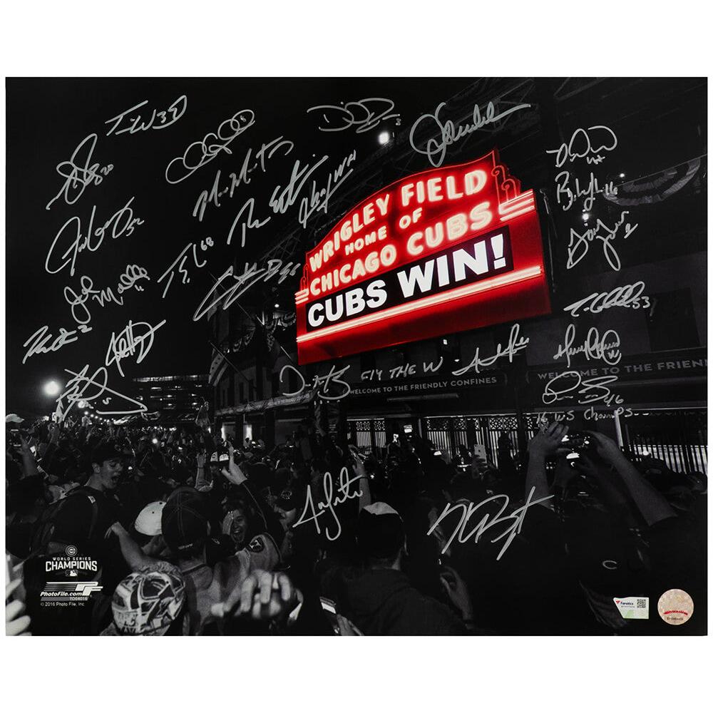 Schwartz Sports 2016 Chicago Cubs Team Signed 2016 World Series Wrigley Field Marquee Spotlight 16x20 Photo (25 Sigs)CUB16P188