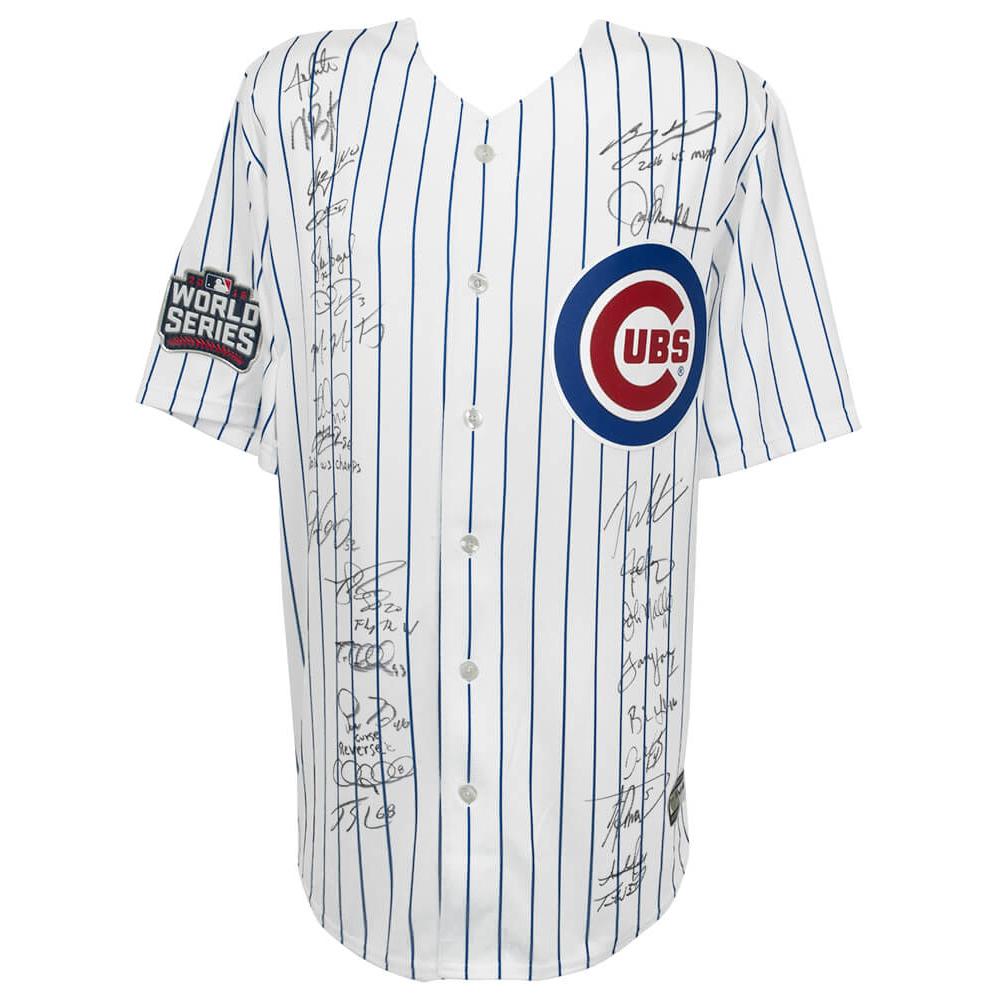 Schwartz Sports 2016 Chicago Cubs Team Signed Cubs Joe Maddon 2016 WS Patch White Pinstripe Majestic Jersey w/WS MVP (26 Sigs)CUBJRY132