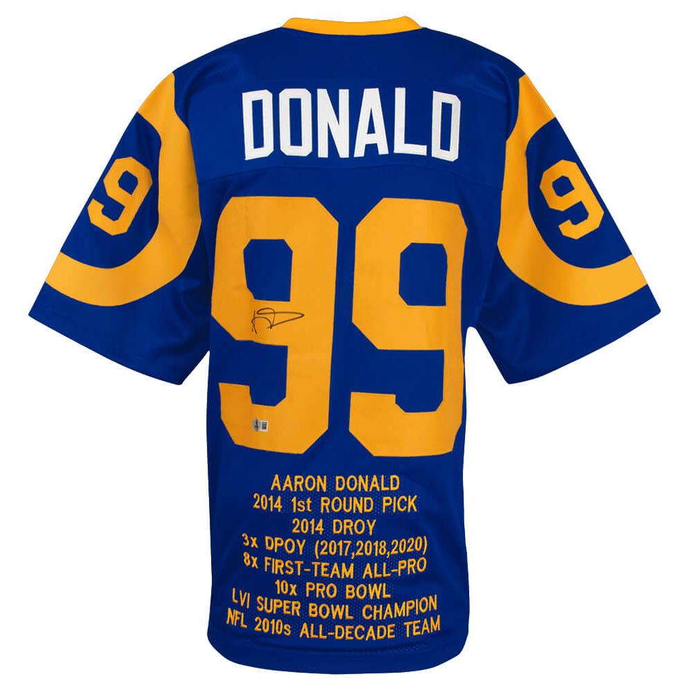 Schwartz Sports Aaron Donald Signed Blue Throwback Custom Embroidered Stat Football Jersey - (Beckett)DONJRY303