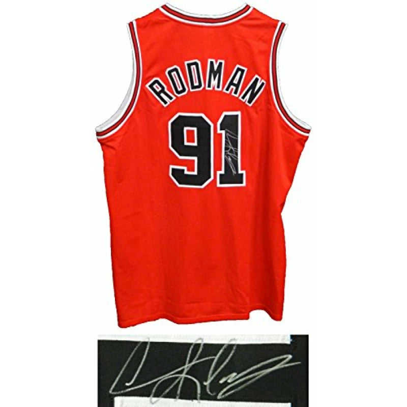 Schwartz Sports Dennis Rodman Signed Red Throwback Custom Basketball Jersey RODJRY215