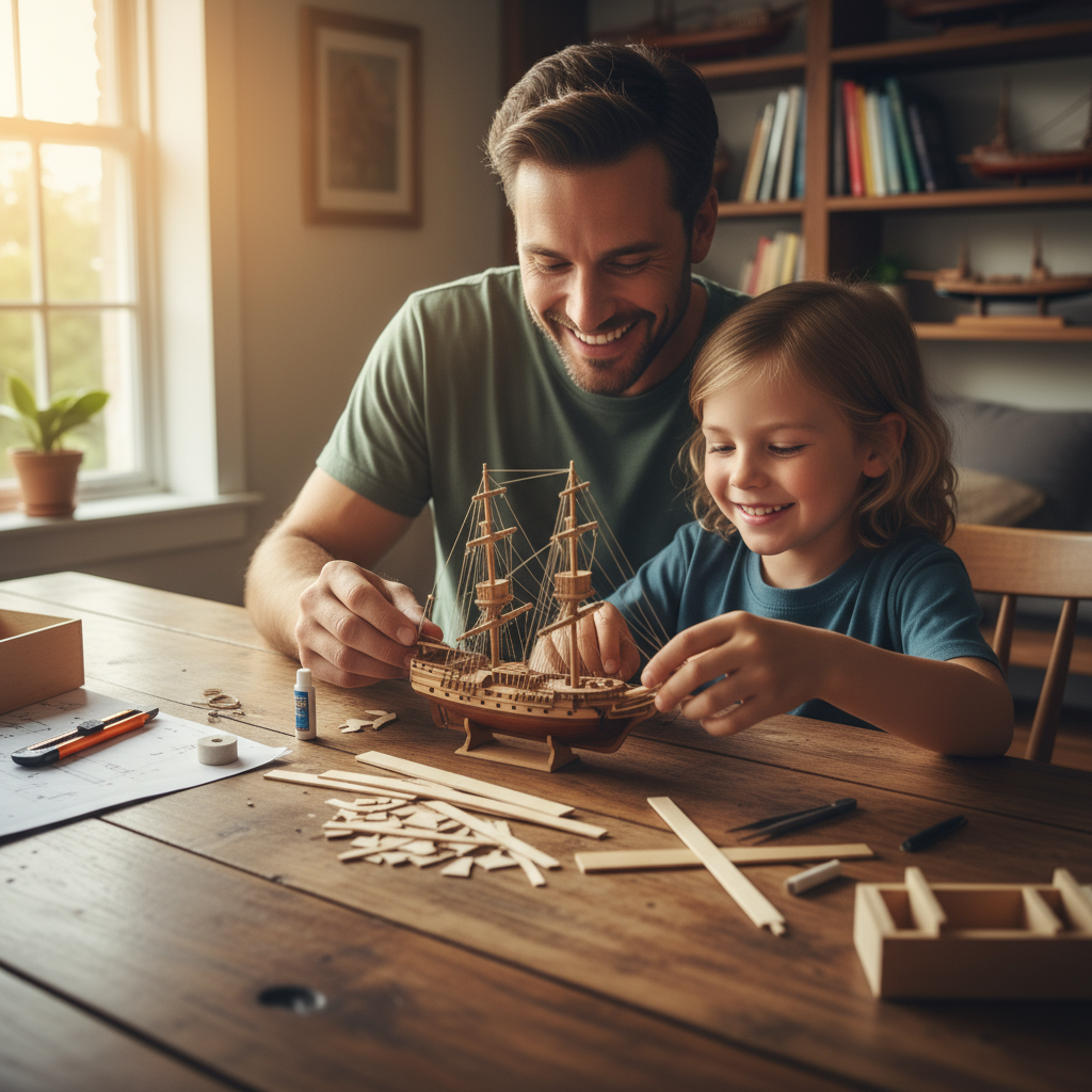 Father and Daughter build a wooden model ship kit together from Adama Model Ships