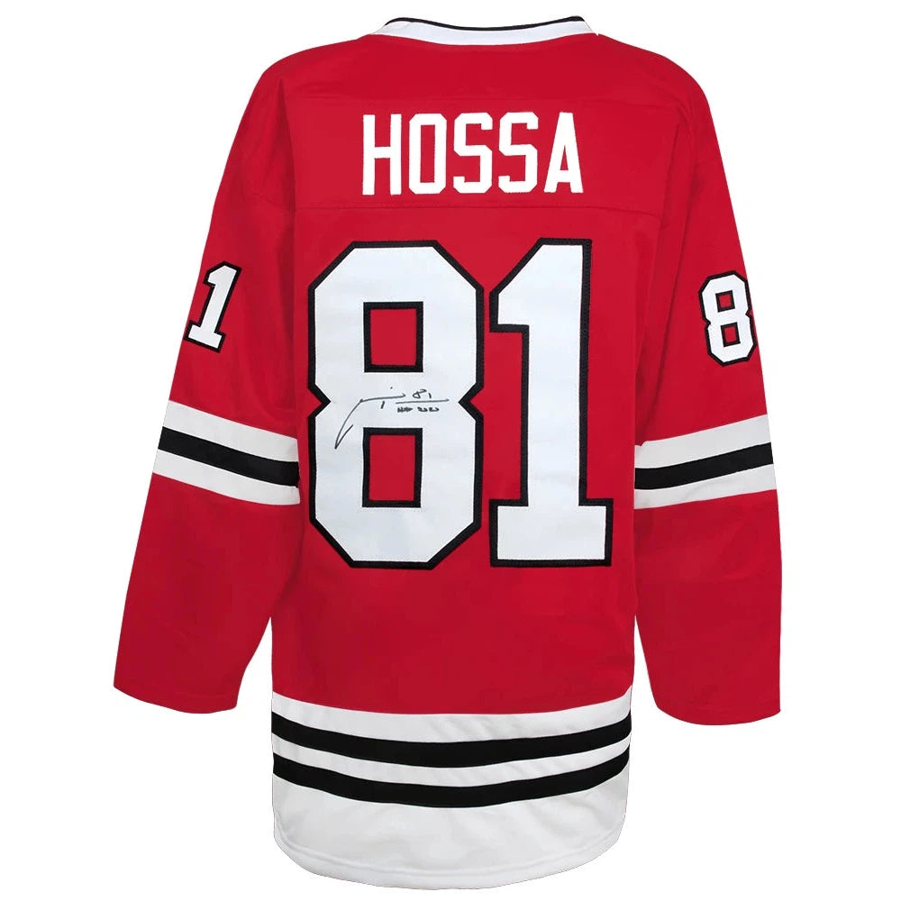 Schwartz Sports Marian Hossa Signed Red Custom Hockey Jersey w/HOF 2020 HOSJRY404