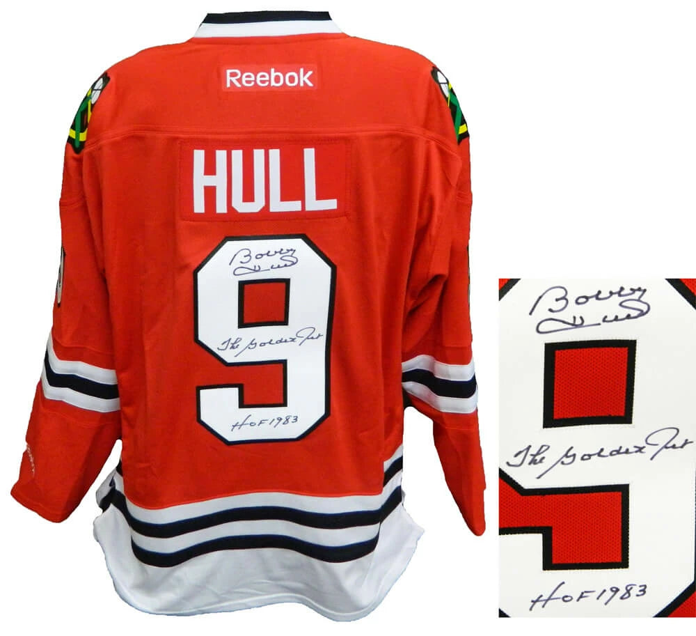 Schwartz Sports Bobby Hull Signed Chicago Blackhawks Red Reebok Premier Hockey Jersey w/The Golden Jet, HOF 1983 HULJRY411