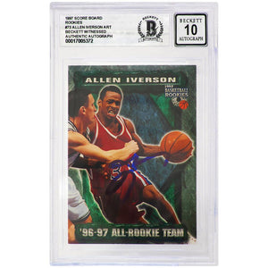 Schwartz Sports Allen Iverson Signed Philadelphia 76ers 1997 Score Board Rookie Basketball Card #73 (Beckett - Auto Grade 10)IVECAR202