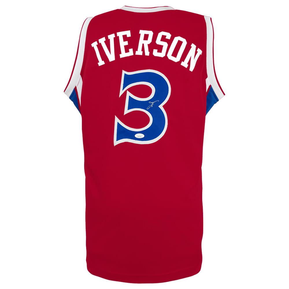 Schwartz Sports Allen Iverson Signed Red With Blue Numbers Custom Basketball Jersey - (JSA)IVEJRY207