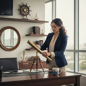 Young professional woman arranging decorative nautical telescope in modern office holding a vintage telescope