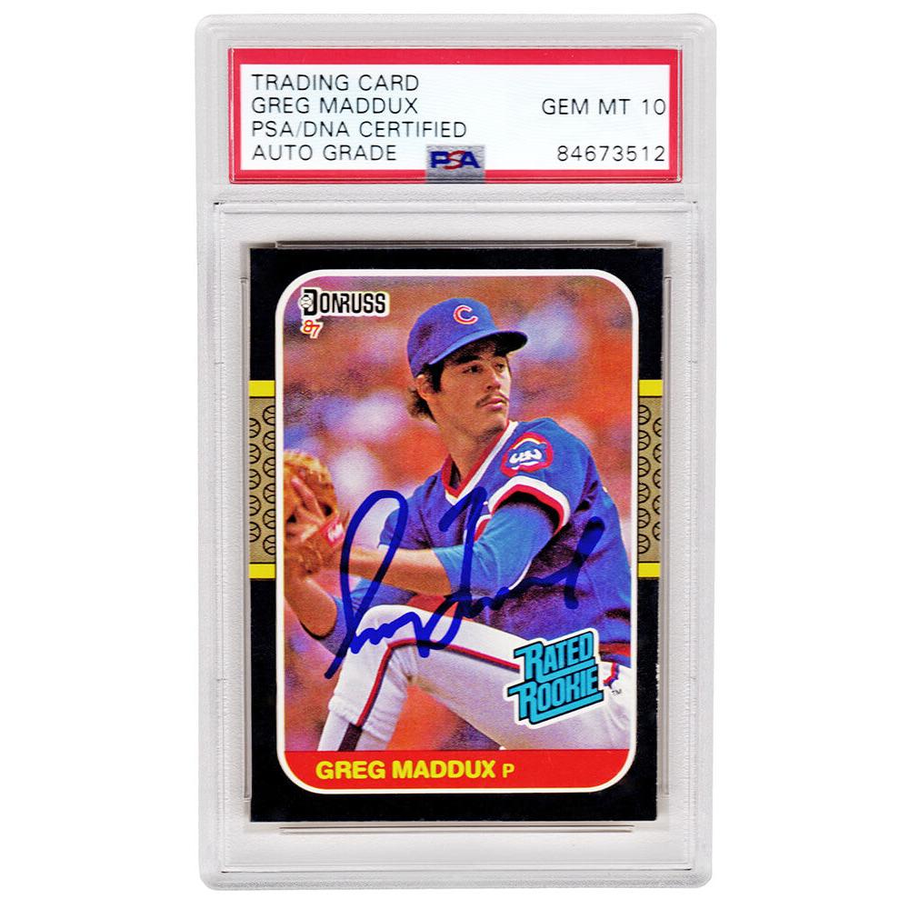 Schwartz Sports Greg Maddux Signed Chicago Cubs 1987 Donruss Rated Rookie Baseball Card #36 (PSA Encapsulated - Auto Grade 10)MADCAR107