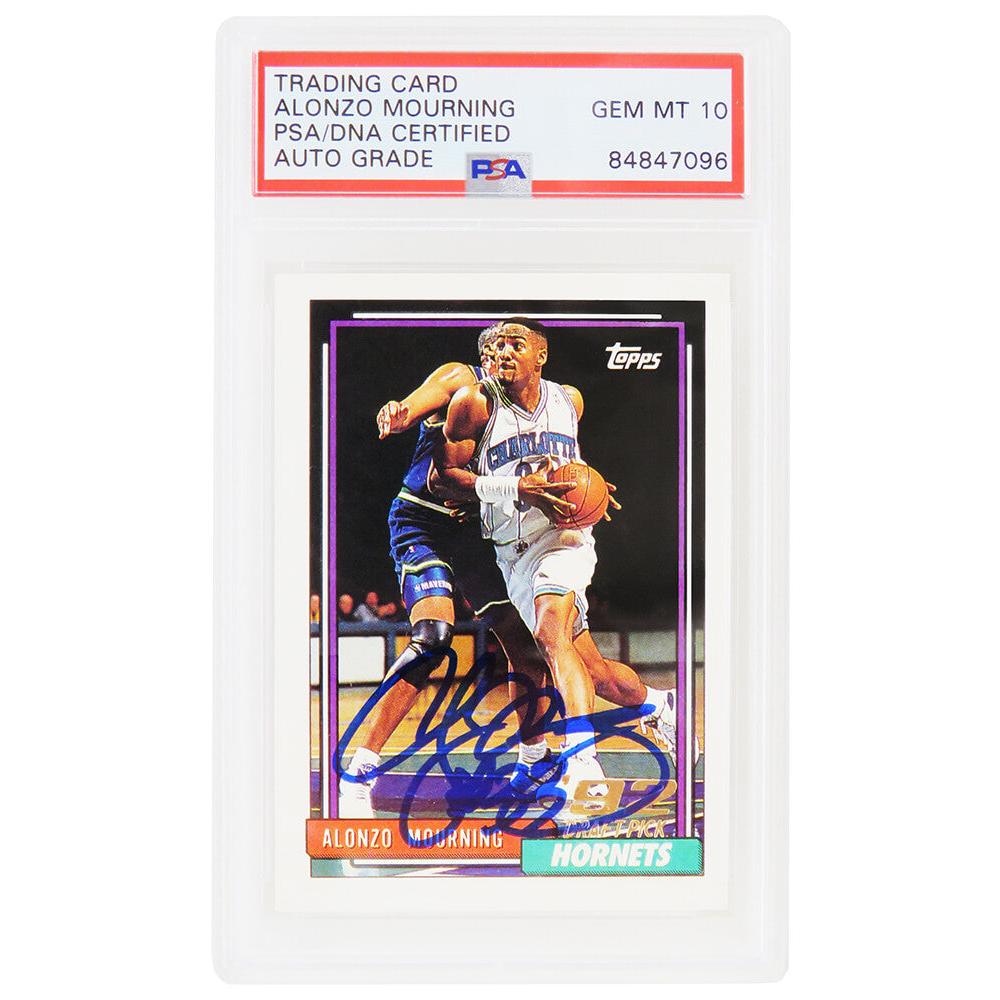 Schwartz Sports Alonzo Mourning Signed Charlotte Hornets 1992-93 Topps Rookie Basketball Card #393 (PSA Encapsulated - Auto Grade 10)MOUCAR212