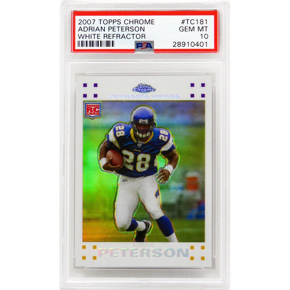 Schwartz Sports Adrian Peterson (Minnesota Vikings) 2007 Topps Chrome White Refractor #TC181 RC Rookie Card - PSA 10 (#215/869)PS3AP07T1