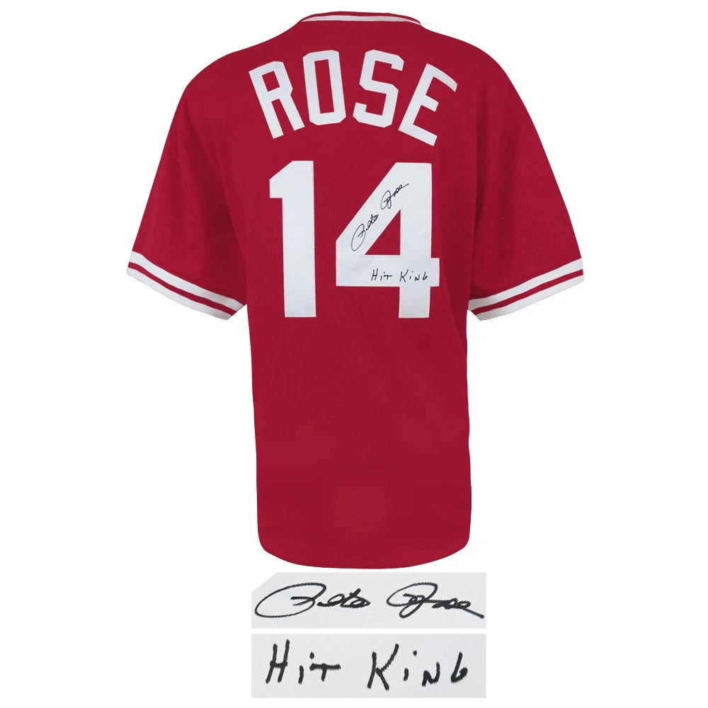 Schwartz Sports Pete Rose Signed Cincinnati Reds M&N Red Throwback 1984 Style Batting Practice Jersey w/Hit King ROSJRY103