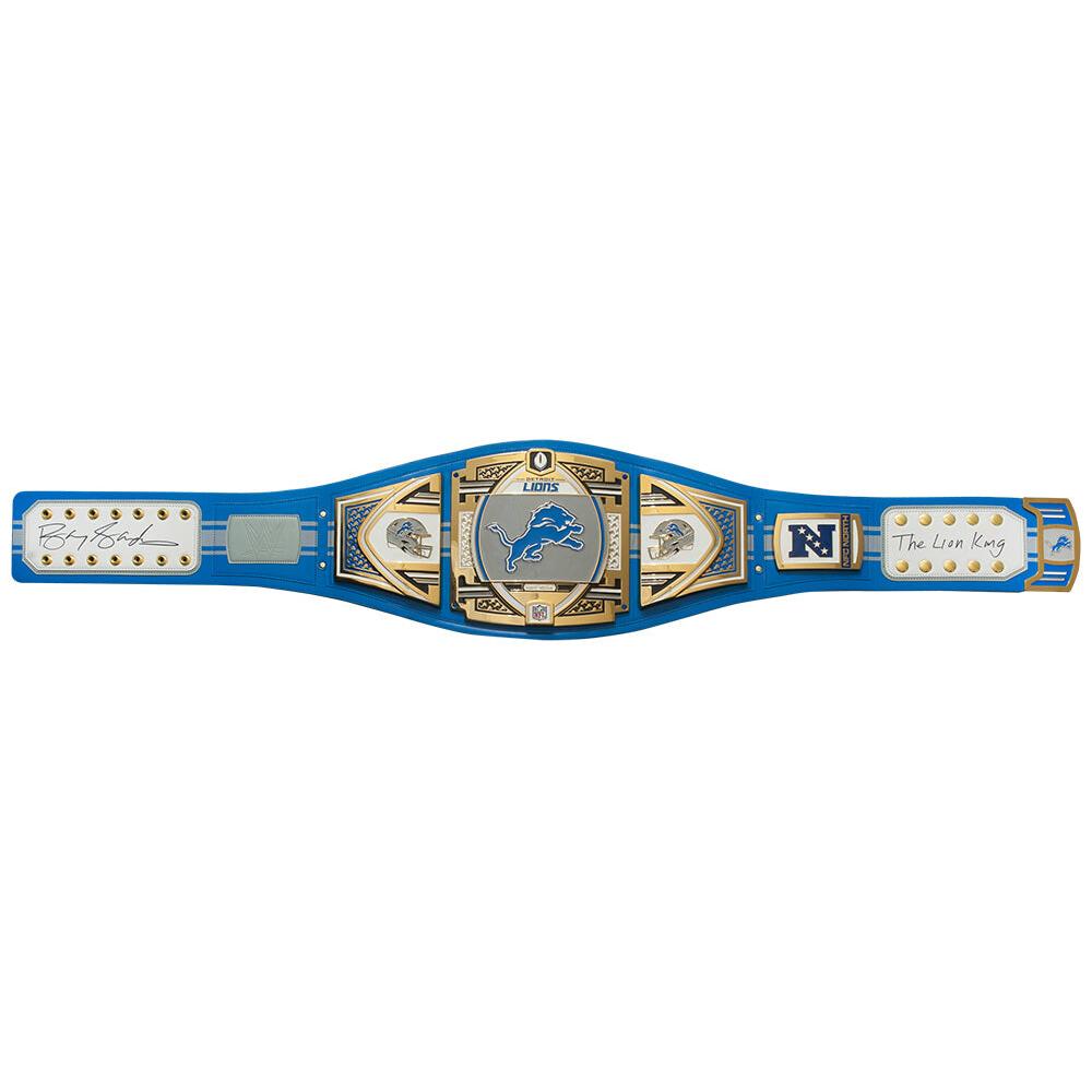 Schwartz Sports Barry Sanders Signed Detroit Lions 53x12 WWE Legacy Full Size Authentic Blue Wrestling Belt w/The Lion KingSANBLT300