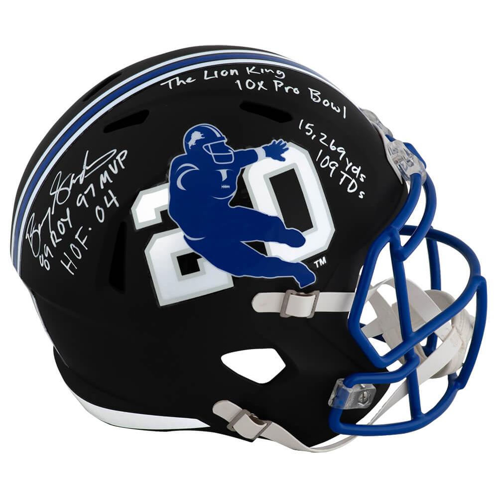 Schwartz Sports Barry Sanders Signed Detroit Lions Barry Sanders Logo Black Riddell Full Size Speed Replica Helmet w/7-InscriptionsSANREP398
