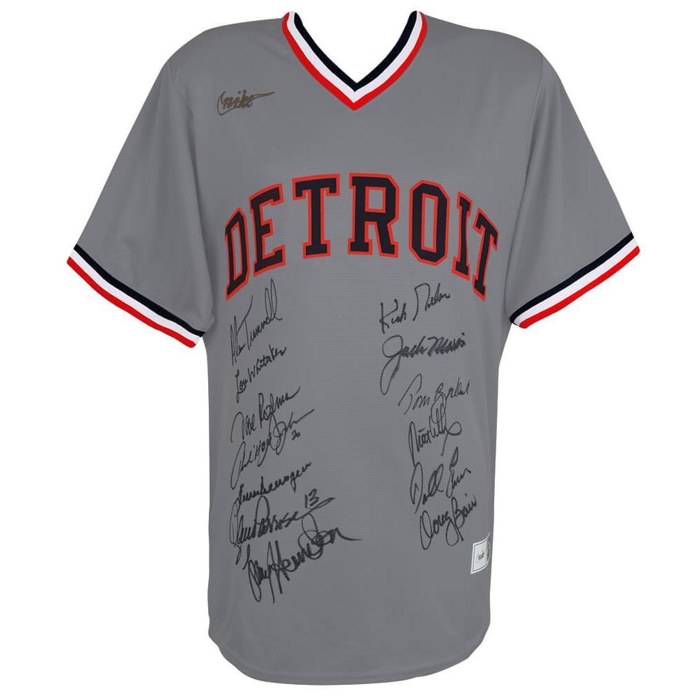 Schwartz Sports 1984 Detroit Tigers Team Signed Detroit Tigers Cooperstown Collection Grey Replica Baseball Jersey (13 - Sigs)TIGJRY100