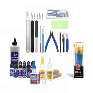 All-in-One Model Building Starter Kit – Acrylic Paints, Primers, Brushes, Tools & Dual Glues for Wood and Resin Model Kits