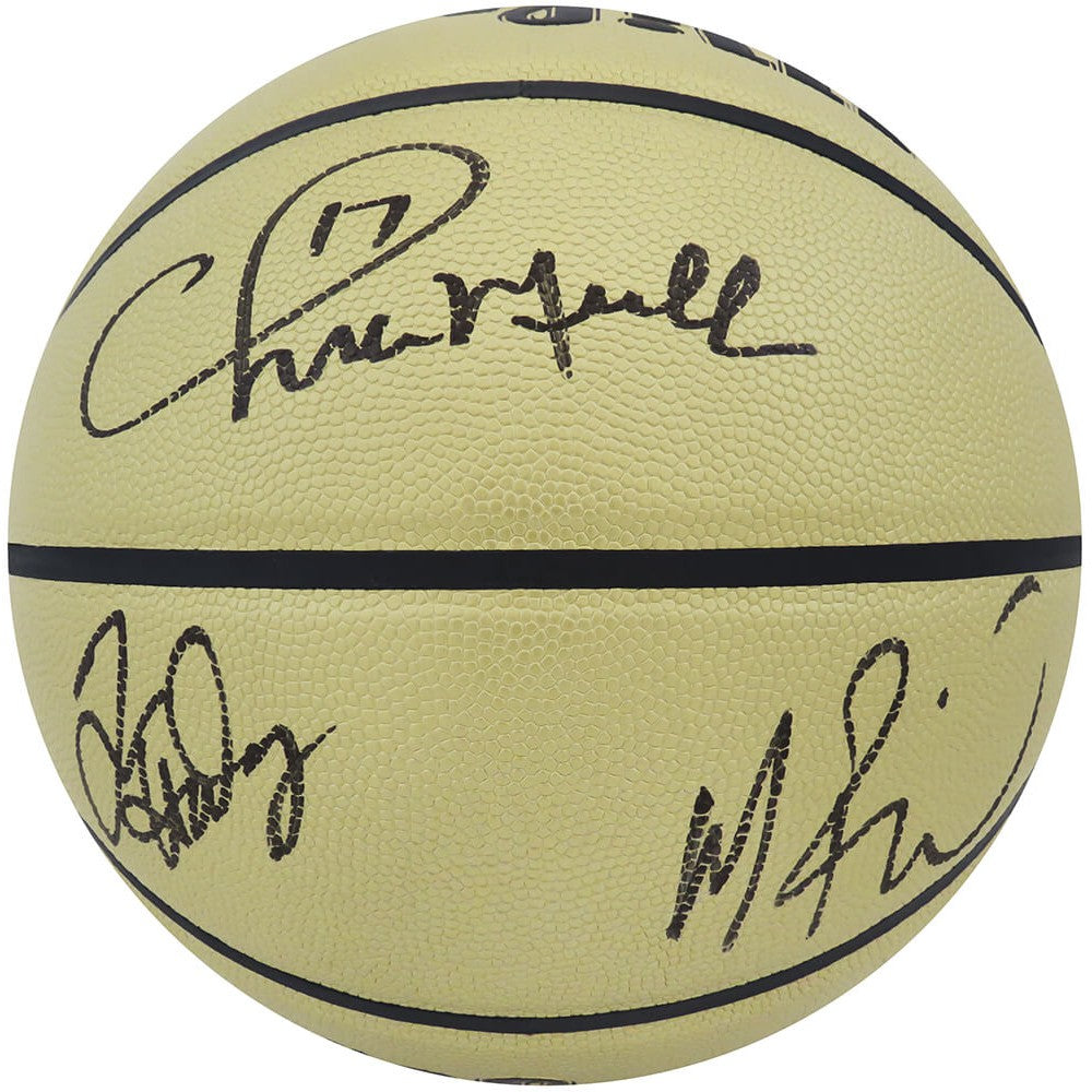 Schwartz Sports Chris Mullin, Tim Hardaway & Mitch Richmond Signed Wilson Gold Indoor/Outdoor NBA Basketball WARBSK220