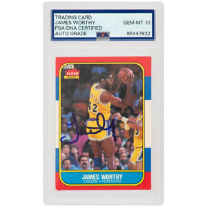 Schwartz Sports James Worthy Signed Los Angeles Lakers 1986-87 Fleer Rookie Basketball Card #131 - (PSA/DNA / Auto Grade 10)WORCAR202