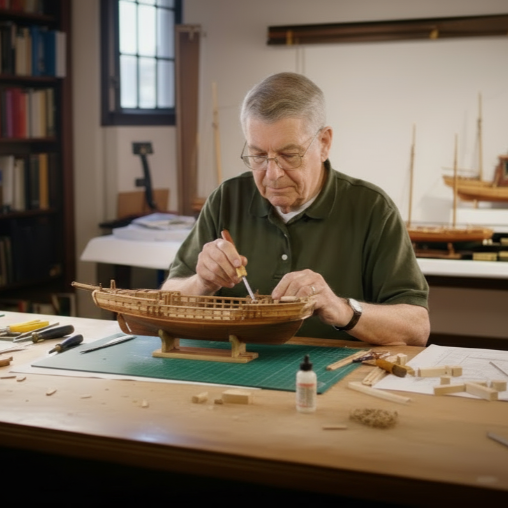 Man working on a model ship in a workshop with books and tools around.