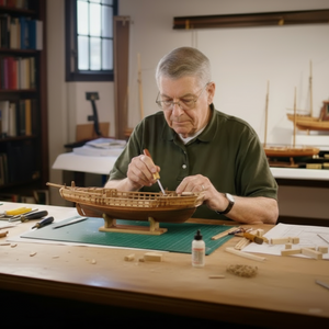 Man working on a model ship in a workshop with books and tools around.