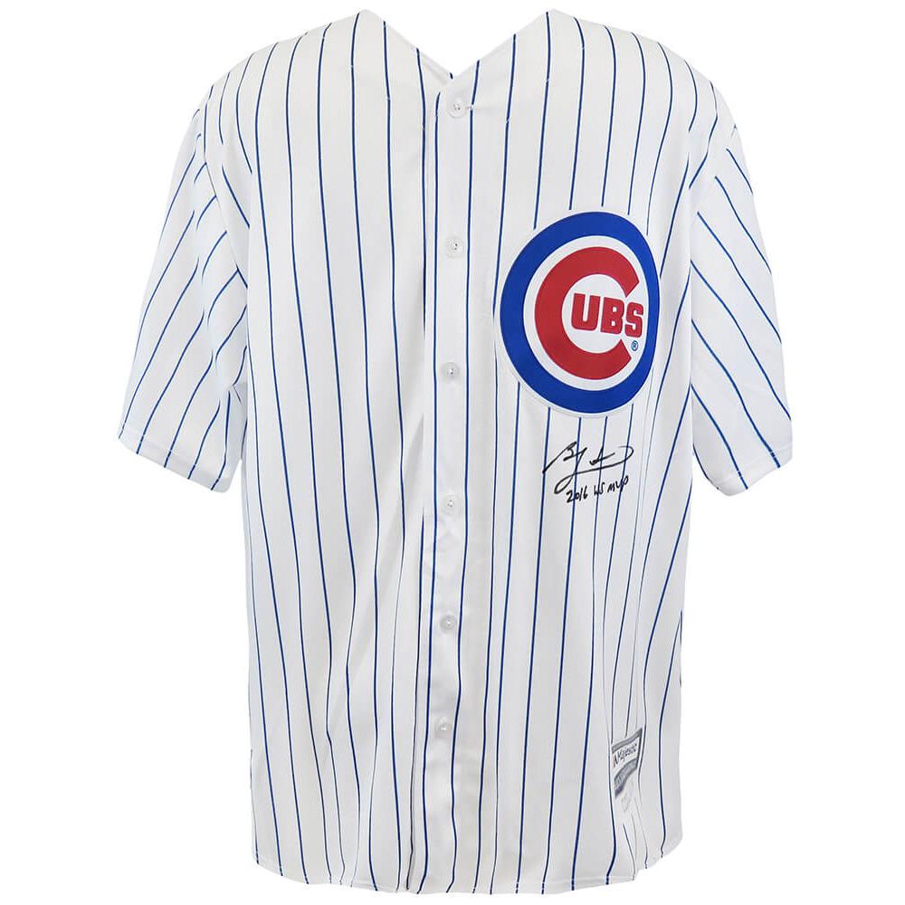 Schwartz Sports Ben Zobrist Signed Chicago Cubs White Pinstripe Majestic Replica Baseball Jersey w/2016 WS MVPZOBJRY105