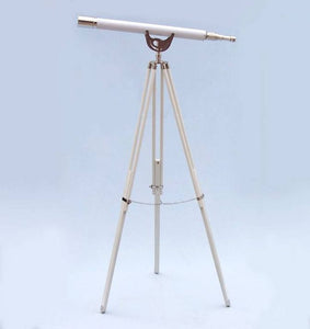 Handcrafted Model Ships Floor Standing Chrome With White Leather Anchormaster Telescope 65" ST-0148-CH-WL