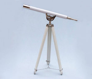 Handcrafted Model Ships Floor Standing Chrome With White Leather Anchormaster Telescope 65" ST-0148-CH-WL