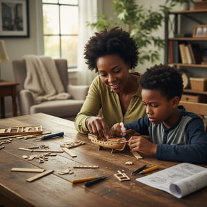 Black mother and son building a wooden model ship kit together at home, hands-on family bonding, learning and creating