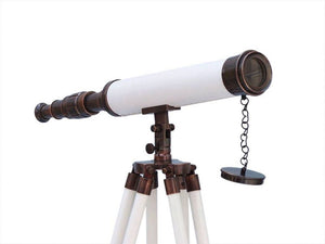 Handcrafted Model Ships - Floor Standing Antique Copper with White Leather Harbor Master Telescope 50"" - ST-0129-ACWL