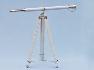 Handcrafted Model Ships Floor Standing Chrome/White Leather Galileo Telescope 65" ST-0117-CHW