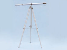 Handcrafted Model Ships Floor Standing Chrome/White Leather Galileo Telescope 65" ST-0117-CHW