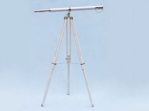 Handcrafted Model Ships Floor Standing Chrome/White Leather Galileo Telescope 65" ST-0117-CHW