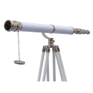 Handcrafted Model Ships Floor Standing Chrome/White Leather Galileo Telescope 65" ST-0117-CHW