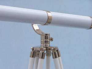 Handcrafted Model Ships Floor Standing Chrome/White Leather Galileo Telescope 65" ST-0117-CHW