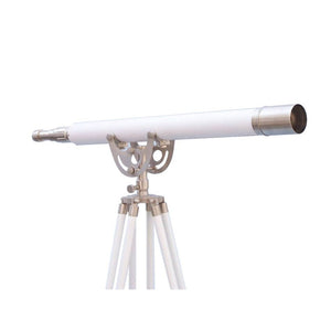 Handcrafted Model Ships Floor Standing Brushed Nickel With White Leather Anchormaster Telescope 65" ST-0148 BN-WL