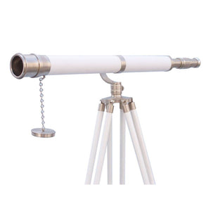 Handcrafted Model Ships Floor Standing Brushed Nickel With White Leather Galileo Telescope 65" ST-0117 BN-WL