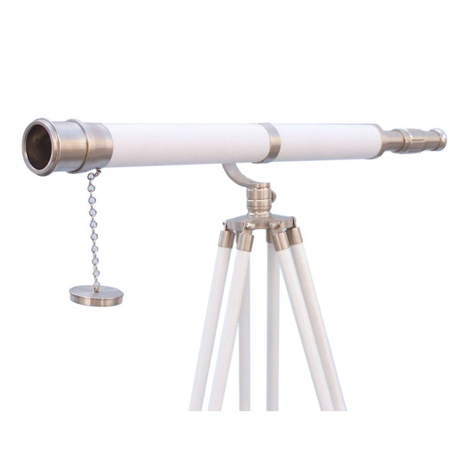 Handcrafted Model Ships Floor Standing Brushed Nickel With White Leather Galileo Telescope 65