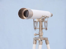 Handcrafted Model Ships Floor Standing Brushed Nickel With White Leather Anchormaster Telescope 65" ST-0148 BN-WL