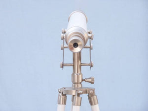 Handcrafted Model Ships Floor Standing Brushed Nickel With White Leather Anchormaster Telescope 65" ST-0148 BN-WL