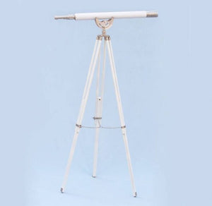 Handcrafted Model Ships Floor Standing Brushed Nickel With White Leather Anchormaster Telescope 65" ST-0148 BN-WL