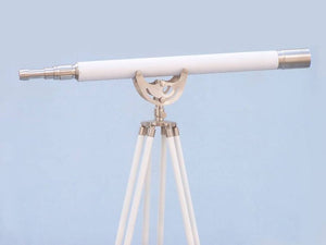 Handcrafted Model Ships Floor Standing Brushed Nickel With White Leather Anchormaster Telescope 65" ST-0148 BN-WL