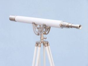 Handcrafted Model Ships Floor Standing Brushed Nickel With White Leather Anchormaster Telescope 65" ST-0148 BN-WL