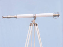 Handcrafted Model Ships Floor Standing Brushed Nickel With White Leather Galileo Telescope 65" ST-0117 BN-WL