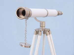 Handcrafted Model Ships Floor Standing Brushed Nickel With White Leather Galileo Telescope 65" ST-0117 BN-WL