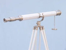 Handcrafted Model Ships Floor Standing Brushed Nickel With White Leather Galileo Telescope 65" ST-0117 BN-WL