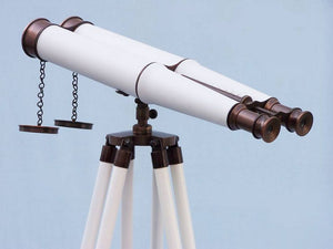 Handcrafted Model Ships Floor Standing Bronze With White Leather Binoculars 62" BI-0311-BZ-WL