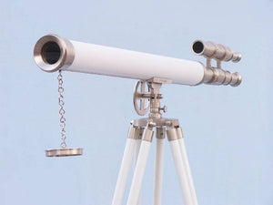 Handcrafted Model Ships Floor Standing Brushed Nickel With White Leather Griffith Astro Telescope 65" ST-0124-BN-WL